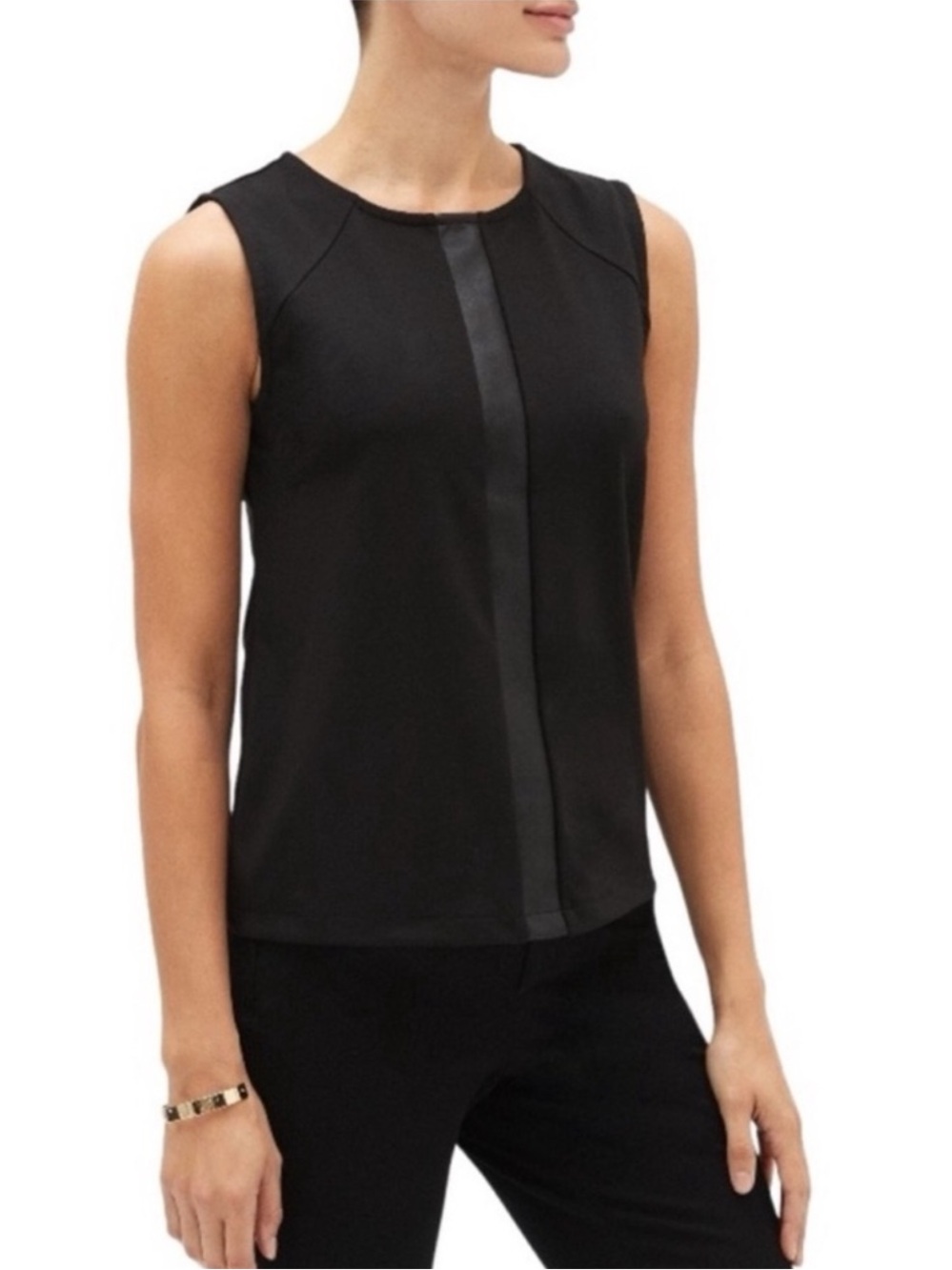 Banana Republic Black Sleeveless Vegan Leather Trim Ponte Knit Top Size Small